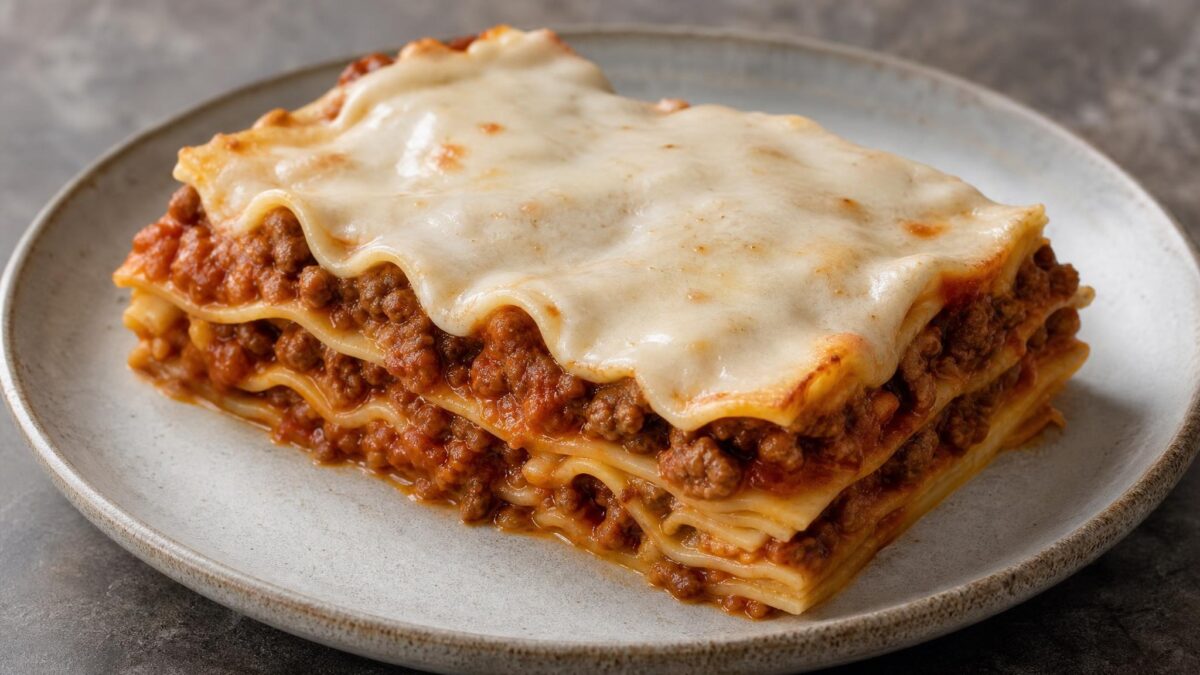 Hauptansicht des fertigen Gerichts. Rezept: Rinderlasagne mit parve Béchamelsauce