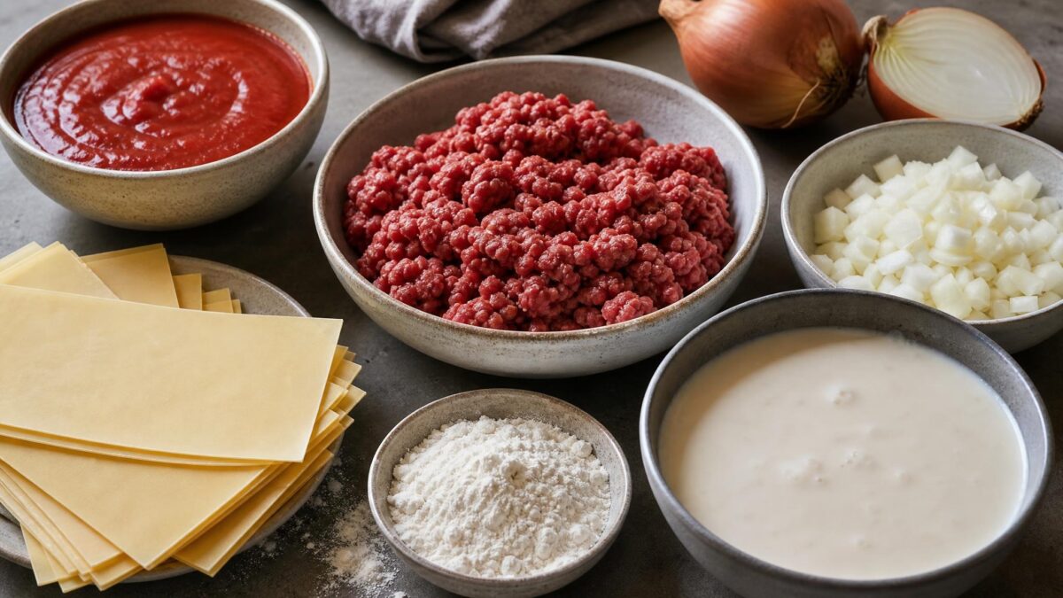 Zutaten- und Vorbereitungsansicht. Rezept: Rinderlasagne mit parve Béchamelsauce