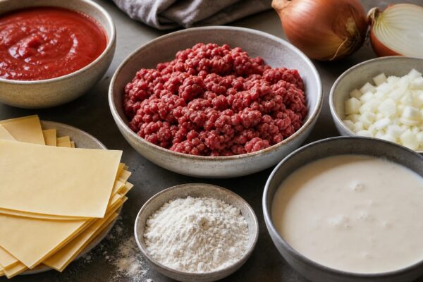 Zutaten- und Vorbereitungsansicht. Rezept: Rinderlasagne mit parve Béchamelsauce