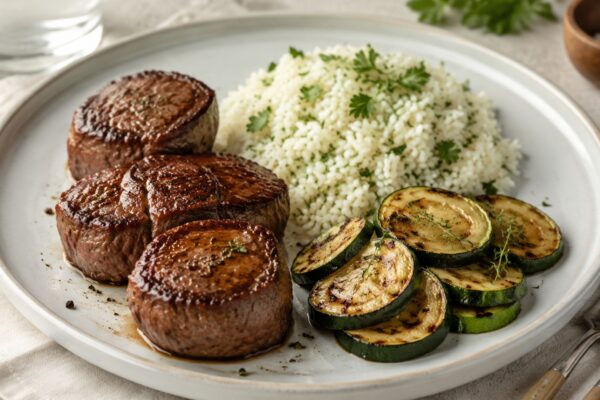 Hauptansicht des fertigen Gerichts: Rindermedaillons als klarer Hauptbestandteil; Reis und Zucchini getrennt und mit sichtbaren Zwischenräumen daneben angerichtet. Kein Eintopf, keine Bowl, keine vermischte One-Pot-Darstellung. Das gesamte Gericht zentra…
