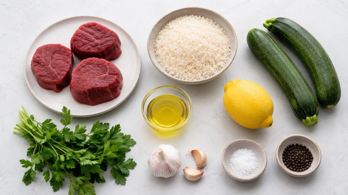 Übersicht aller Zutaten für „Rindermedaillons mit Kräuterreis und Zucchini“ auf heller Arbeitsfläche, sauber gruppiert, ohne Verpackungsschrift und ohne fertiges Gericht.