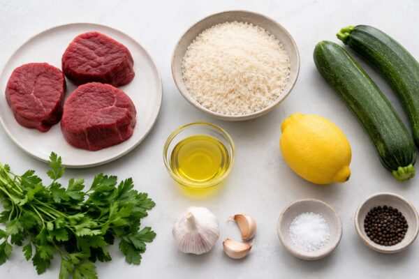Übersicht aller Zutaten für „Rindermedaillons mit Kräuterreis und Zucchini“ auf heller Arbeitsfläche, sauber gruppiert, ohne Verpackungsschrift und ohne fertiges Gericht.