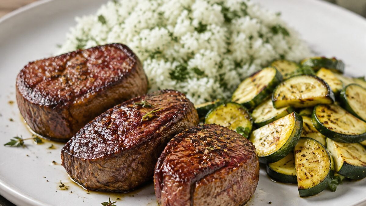 Alternative Perspektive des fertigen Gerichts: Rindermedaillons als klarer Hauptbestandteil; Reis und Zucchini getrennt und mit sichtbaren Zwischenräumen daneben angerichtet. Kein Eintopf, keine Bowl, keine vermischte One-Pot-Darstellung. Etwas näher auf…