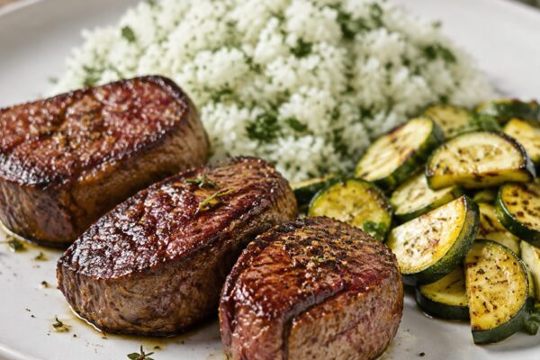 Alternative Perspektive des fertigen Gerichts: Rindermedaillons als klarer Hauptbestandteil; Reis und Zucchini getrennt und mit sichtbaren Zwischenräumen daneben angerichtet. Kein Eintopf, keine Bowl, keine vermischte One-Pot-Darstellung. Etwas näher auf…