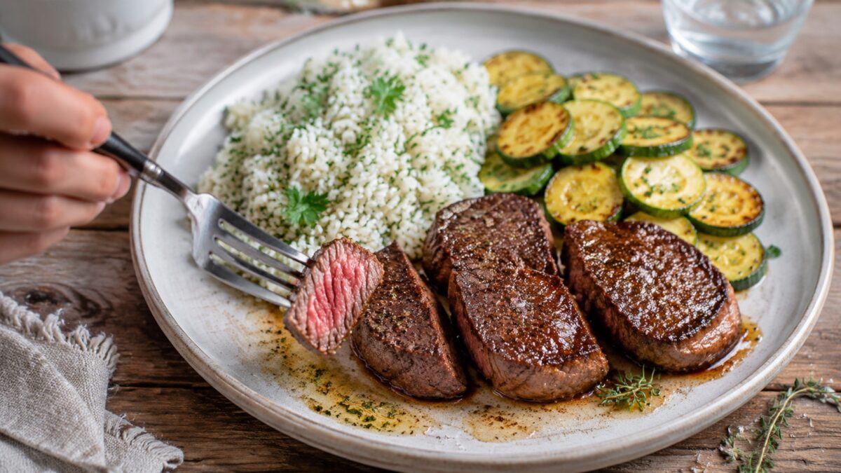 Lebendige Servierszene für „Rindermedaillons mit Kräuterreis und Zucchini“: eine Gabel oder ein Besteckteil nimmt gerade eine Portion auf; Rindermedaillons, Reis und Zucchini bleiben trotzdem klar erkennbar.