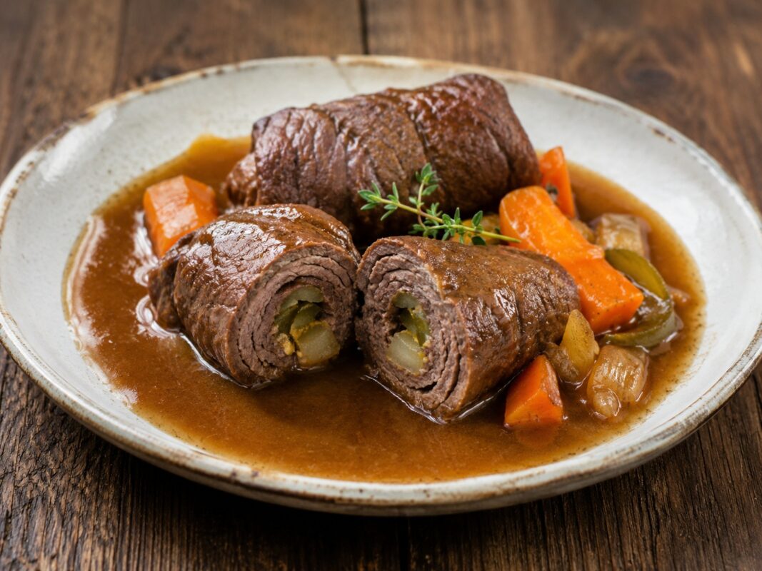Teller mit braunen Rinderrouladen in kräftiger Sauce, eine Roulade angeschnitten mit Gurkenfüllung sichtbar, dazu Schmorgemüse.