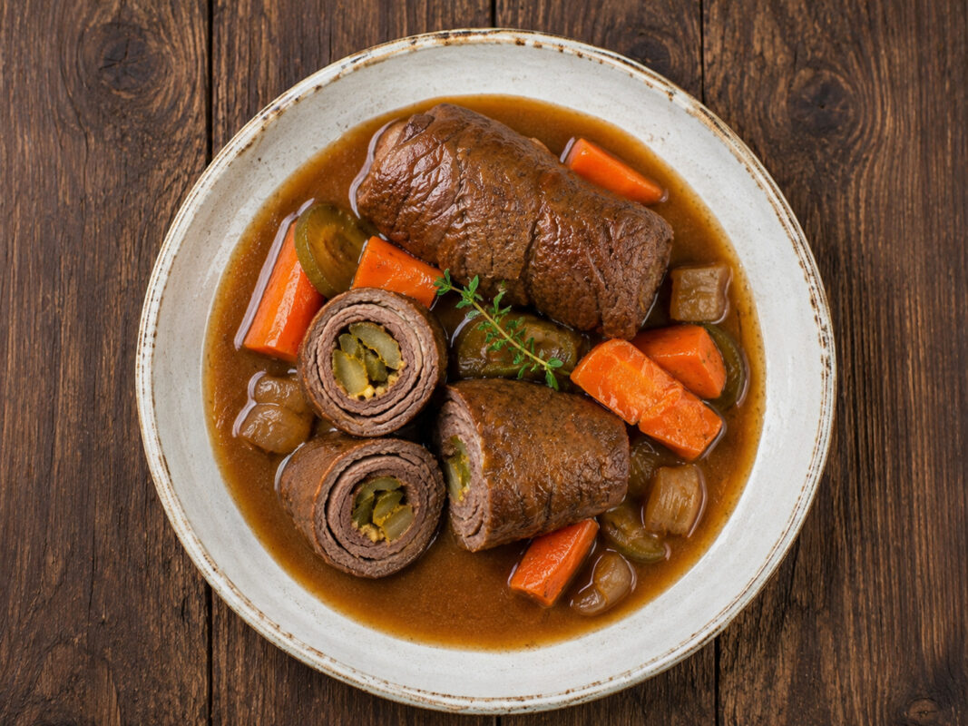 Fertige Rinderrouladen mit Gurken-Senf-Füllung in Bratensauce mit Schmorgemüse.