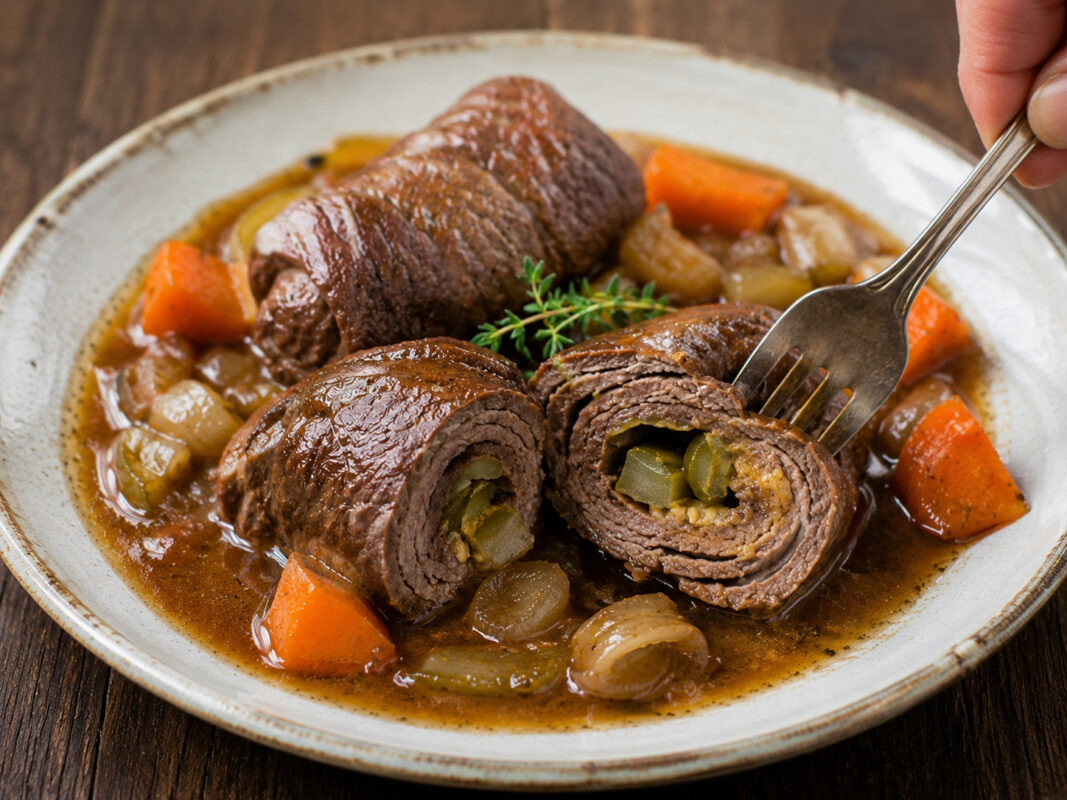 Nahe Servieransicht der fertigen Rinderrouladen mit sichtbarer Gurkenfüllung und kräftiger Bratensauce.
