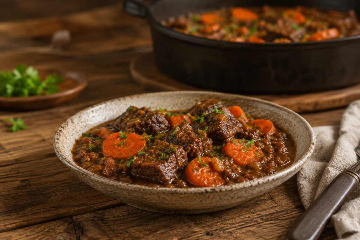 Fertiges Rinderschmorgericht mit Möhren portionsweise in rustikaler Schale, alternative Perspektive.