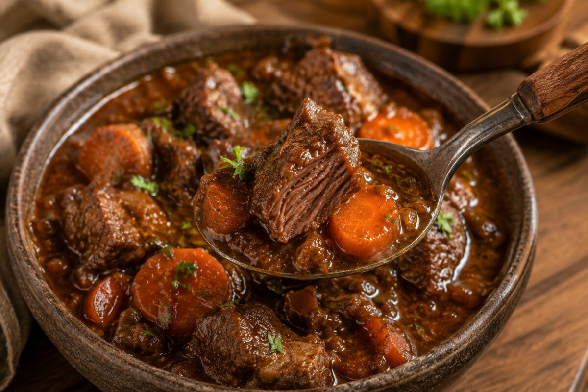 Detail- und Servierszene des fertigen Rinderschmorgerichts mit Rindfleisch und Möhre auf einem Löffel.