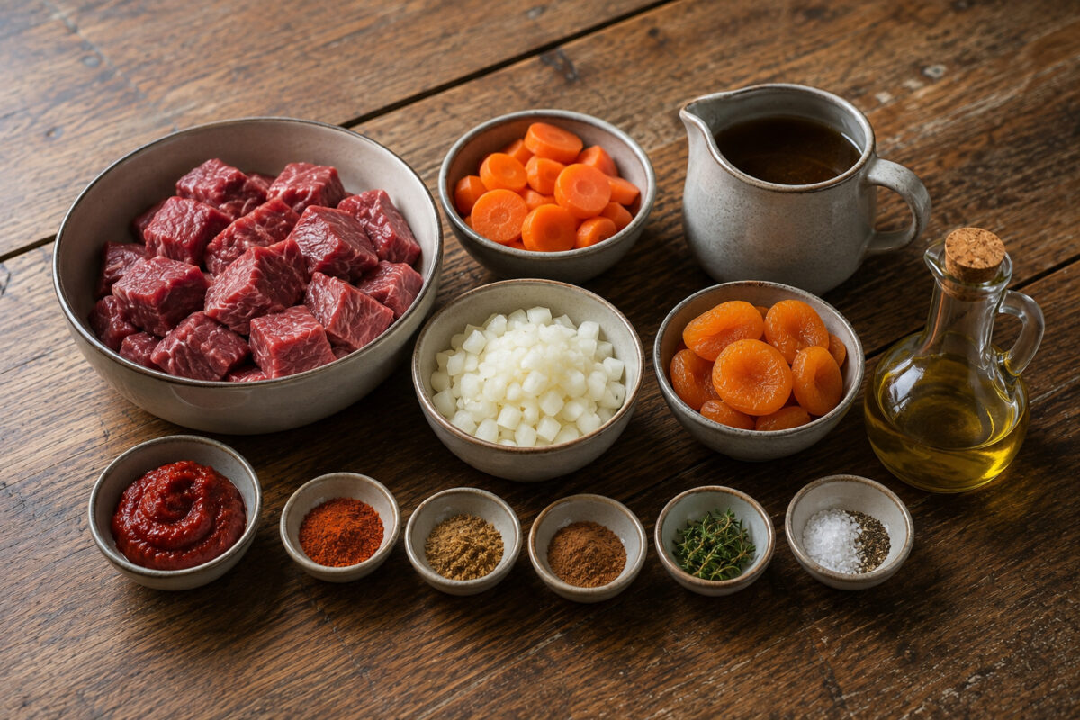 Zutaten- oder Vorbereitungsansicht mit Rindfleischwürfeln, Zwiebeln, Möhren, getrockneten Aprikosen, Tomatenmark, Rinderfond, Olivenöl, Zimt, Paprikapulver, Kreuzkümmel, Thymian, Salz und Pfeffer.