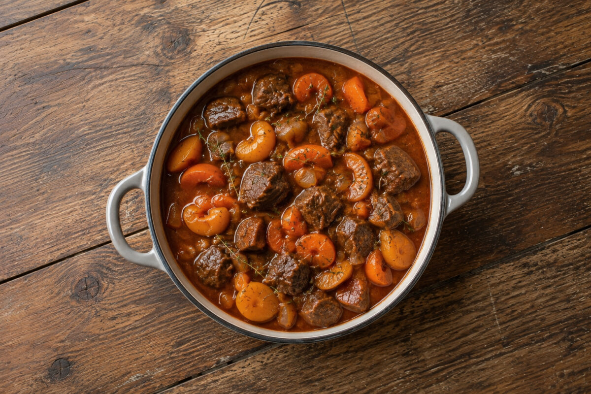 Draufsicht auf den fertigen Rinderschmortopf mit sichtbaren Fleischstücken, Möhrenscheiben und Aprikosen in dunkler Sauce im runden Schmortopf.