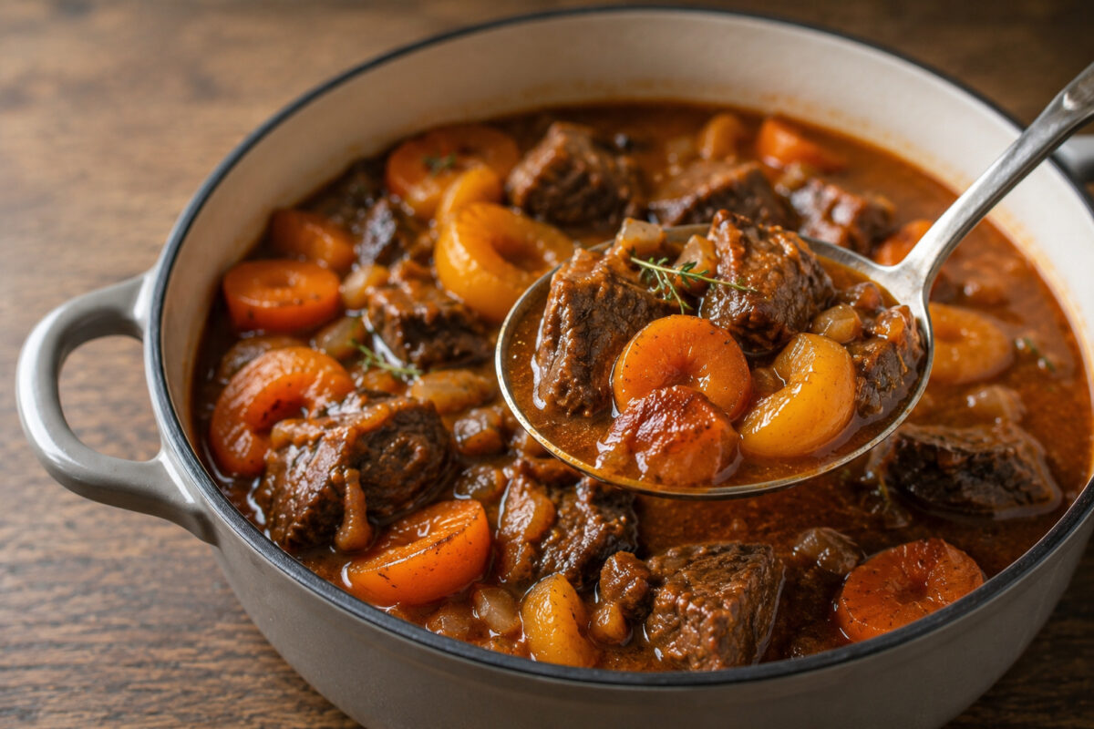 Serviermoment des Rinderschmortopfs mit einer Löffelportion aus Fleisch, Möhren und Aprikosen über dem runden Schmortopf.