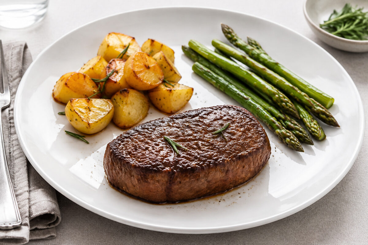 Hauptansicht des fertigen Gerichts: Rindersteak als klarer Hauptbestandteil; Kartoffeln und grüner Spargel getrennt und mit sichtbaren Zwischenräumen daneben angerichtet. Kein Eintopf, keine Bowl, keine vermischte One-Pot-Darstellung. Das gesamte Gericht…