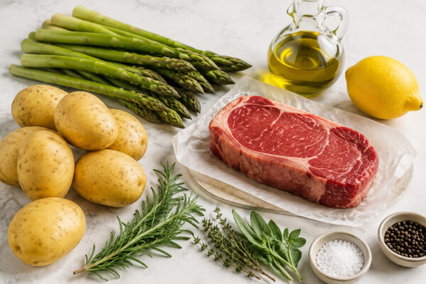 Übersicht aller Zutaten für „Rindersteak mit Rosmarinkartoffeln und grünem Spargel“ auf heller Arbeitsfläche, sauber gruppiert, ohne Verpackungsschrift und ohne fertiges Gericht.