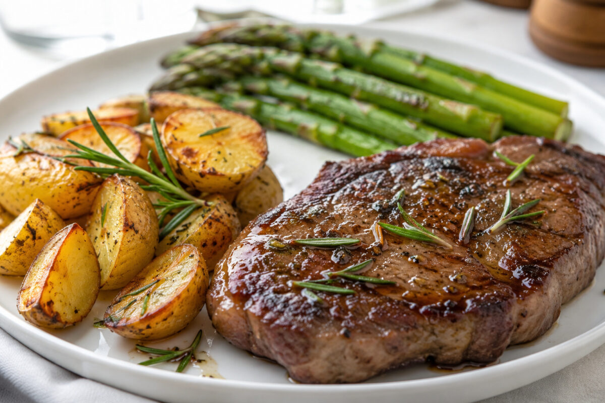 Alternative Perspektive des fertigen Gerichts: Rindersteak als klarer Hauptbestandteil; Kartoffeln und grüner Spargel getrennt und mit sichtbaren Zwischenräumen daneben angerichtet. Kein Eintopf, keine Bowl, keine vermischte One-Pot-Darstellung. Etwas nä…