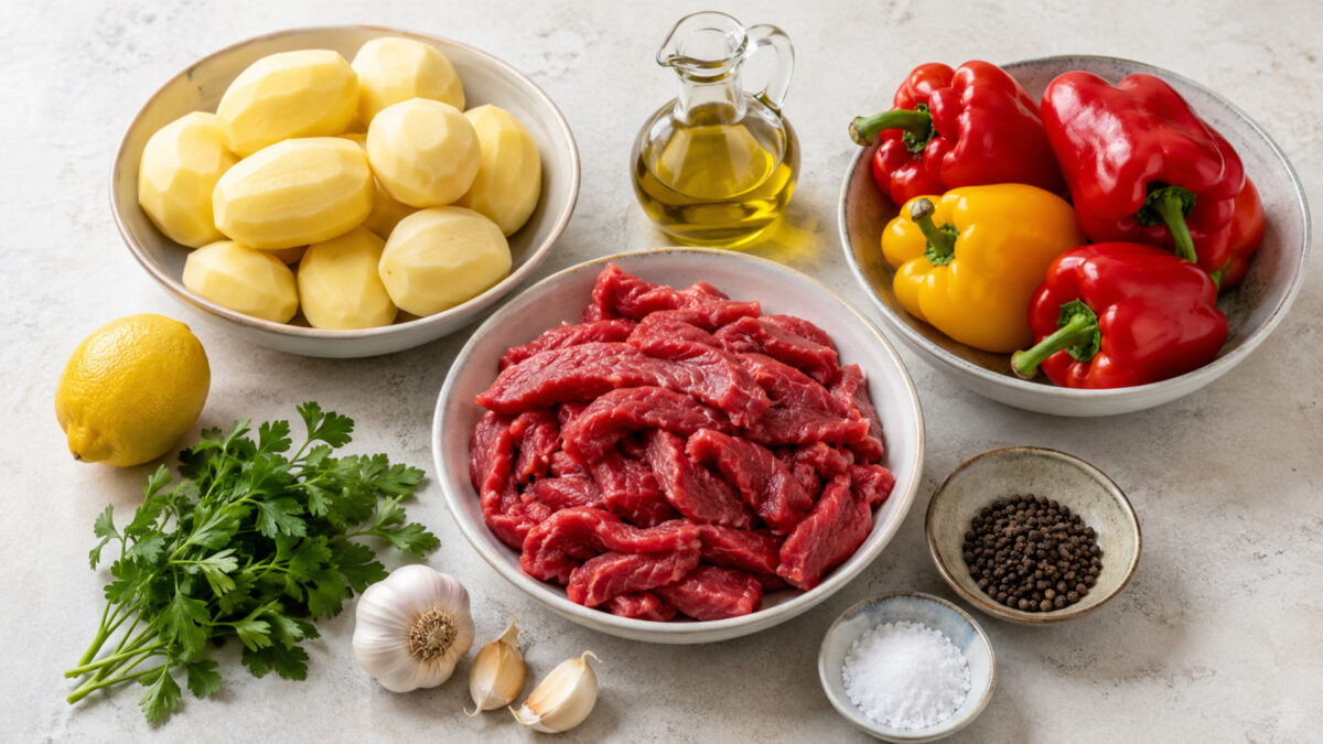 Übersicht aller Zutaten für „Rinderstreifen auf Kartoffelrösti mit Paprikagemüse“ auf heller Arbeitsfläche, sauber gruppiert, ohne Verpackungsschrift und ohne fertiges Gericht.