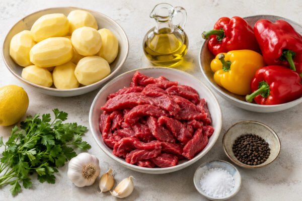 Übersicht aller Zutaten für „Rinderstreifen auf Kartoffelrösti mit Paprikagemüse“ auf heller Arbeitsfläche, sauber gruppiert, ohne Verpackungsschrift und ohne fertiges Gericht.