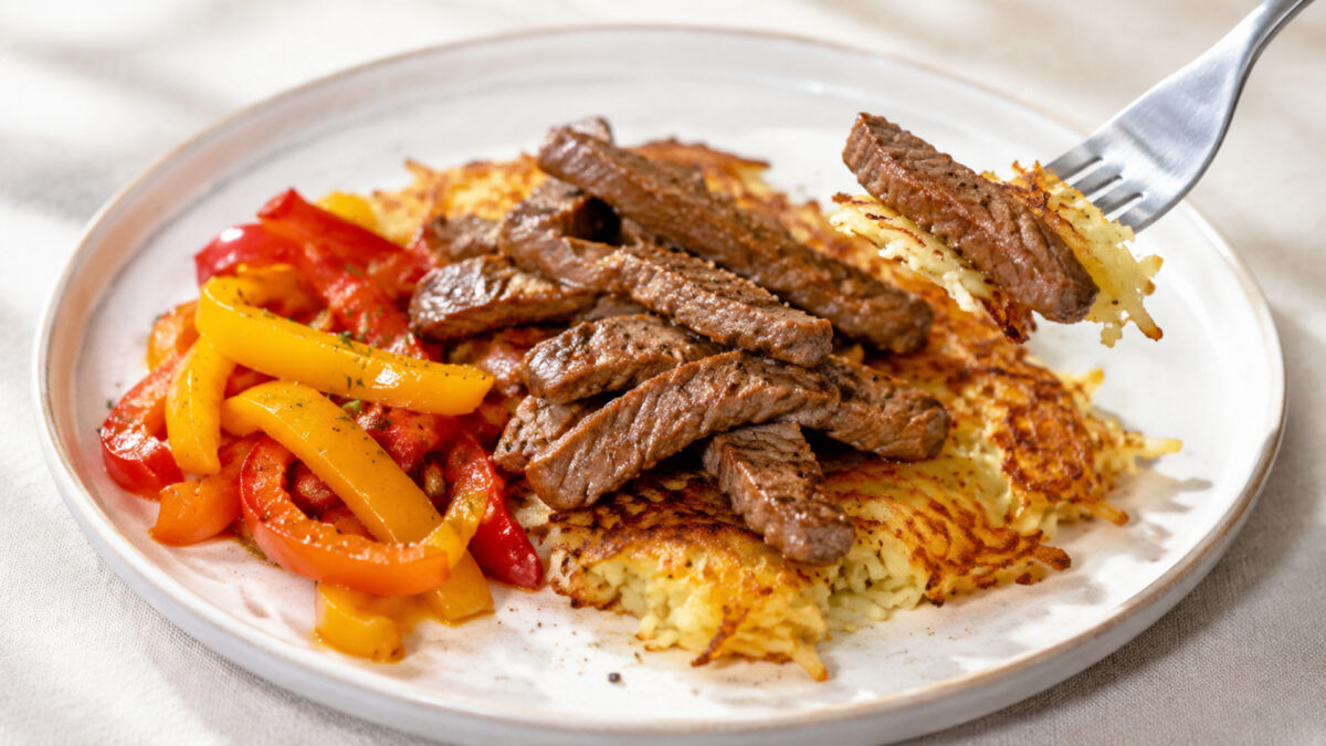 Lebendige Servierszene für „Rinderstreifen auf Kartoffelrösti mit Paprikagemüse“: eine Gabel oder ein Besteckteil nimmt gerade eine Portion auf; Rinderstreifen, Kartoffeln und Paprika bleiben trotzdem klar erkennbar.