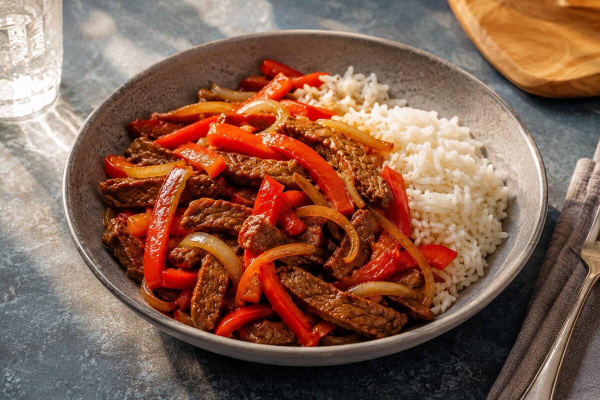 Hauptansicht des fertigen Gerichts. Rezept: Rinderstreifen mit Paprika, Zwiebeln und Reis