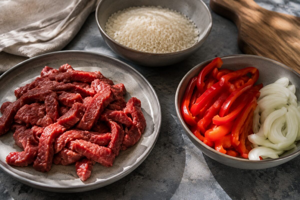 Zutaten- und Vorbereitungsansicht. Rezept: Rinderstreifen mit Paprika, Zwiebeln und Reis