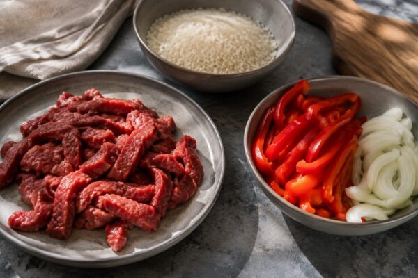 Zutaten- und Vorbereitungsansicht. Rezept: Rinderstreifen mit Paprika, Zwiebeln und Reis