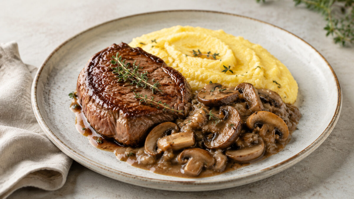 Hauptansicht des fertigen Gerichts: Rinderhüftsteak, Polenta und Champignons als komponierter Teller; die Komponenten dürfen sich leicht berühren, müssen aber einzeln deutlich erkennbar bleiben. Keine Bowl und keine homogene One-Pot-Mischung. Das gesamte…