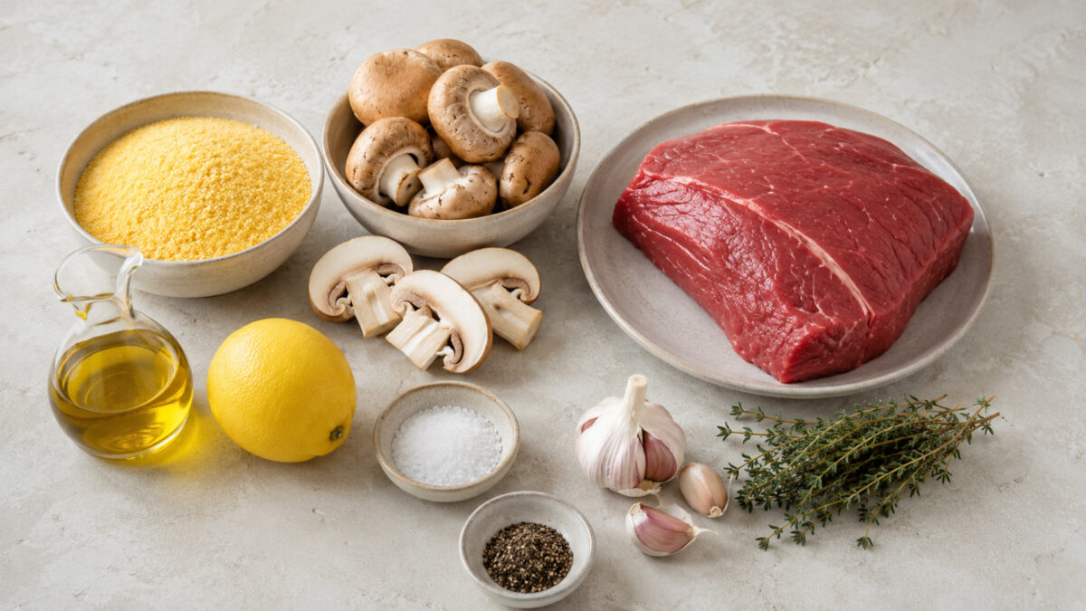 Übersicht aller Zutaten für „Rindfleisch auf Polenta mit Pilzragout“ auf heller Arbeitsfläche, sauber gruppiert, ohne Verpackungsschrift und ohne fertiges Gericht.