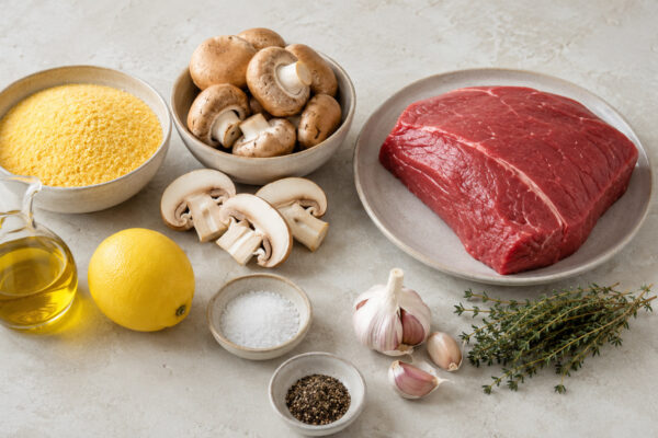 Übersicht aller Zutaten für „Rindfleisch auf Polenta mit Pilzragout“ auf heller Arbeitsfläche, sauber gruppiert, ohne Verpackungsschrift und ohne fertiges Gericht.
