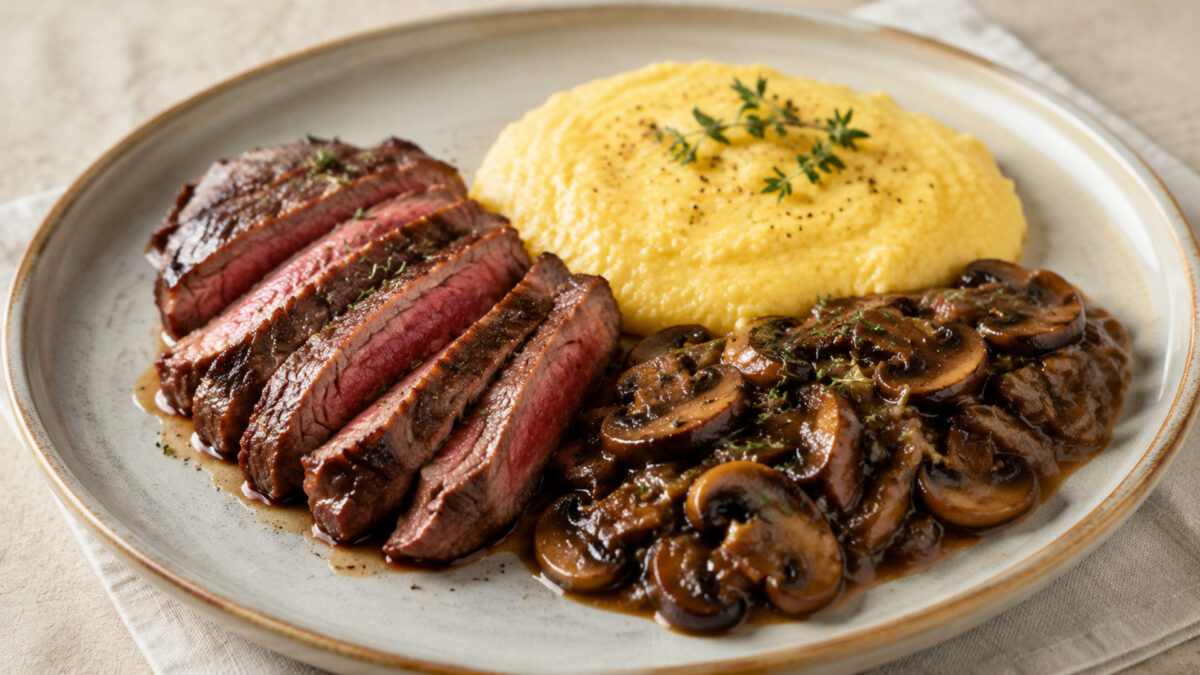Alternative Perspektive des fertigen Gerichts: Rinderhüftsteak, Polenta und Champignons als komponierter Teller; die Komponenten dürfen sich leicht berühren, müssen aber einzeln deutlich erkennbar bleiben. Keine Bowl und keine homogene One-Pot-Mischung.…