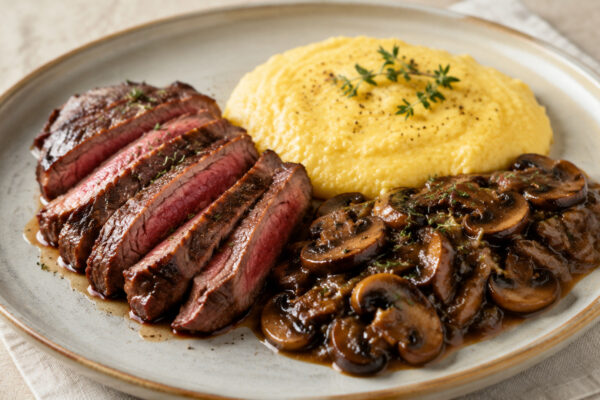 Alternative Perspektive des fertigen Gerichts: Rinderhüftsteak, Polenta und Champignons als komponierter Teller; die Komponenten dürfen sich leicht berühren, müssen aber einzeln deutlich erkennbar bleiben. Keine Bowl und keine homogene One-Pot-Mischung.…