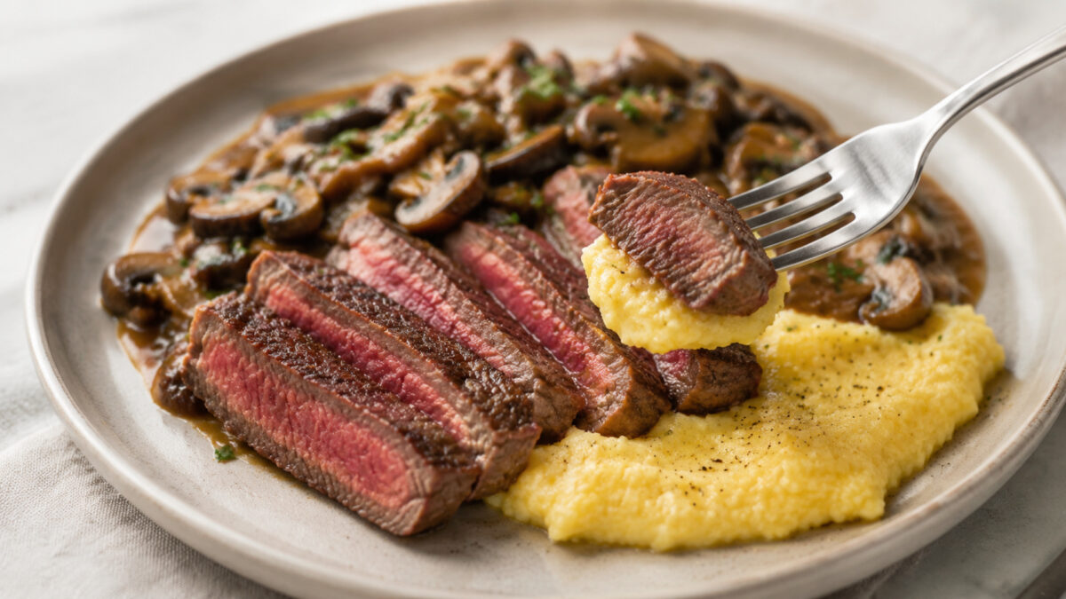 Lebendige Servierszene für „Rindfleisch auf Polenta mit Pilzragout“: eine Gabel oder ein Besteckteil nimmt gerade eine Portion auf; Rinderhüftsteak, Polenta und Champignons bleiben trotzdem klar erkennbar.