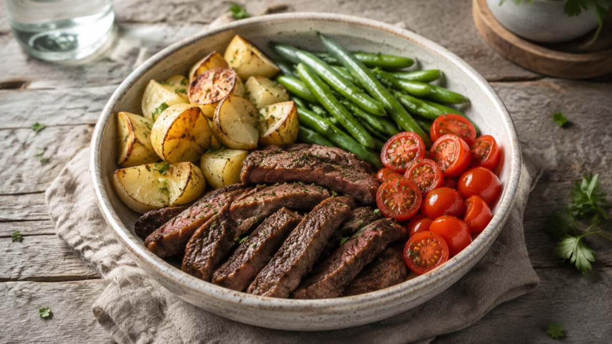 Hauptansicht des fertigen Gerichts: Echte Bowl mit klar getrennten Segmenten aus Rinderstreifen, Kartoffeln und grüne Bohnen und Tomaten; Zutaten erst beim Essen mischbar und optisch deutlich voneinander abgegrenzt. Das gesamte Gericht zentral und 4:3-cr…