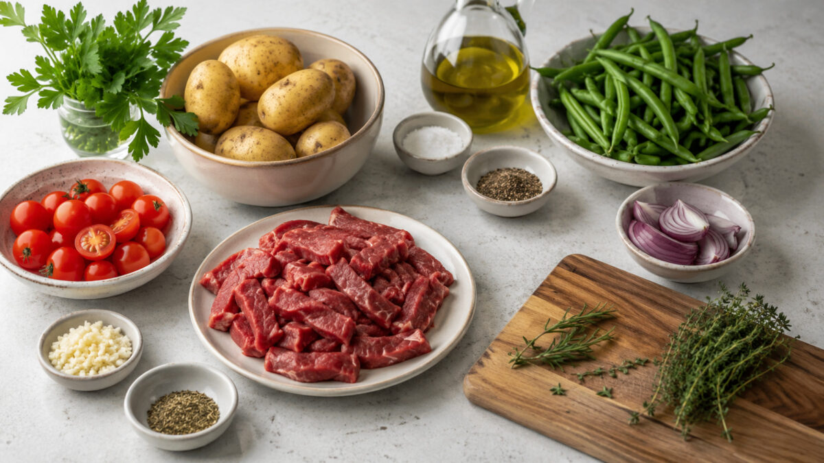 Übersicht aller Zutaten für „Rindfleisch-Bowl mit Kartoffeln und grünen Bohnen“ auf heller Arbeitsfläche, sauber gruppiert, ohne Verpackungsschrift und ohne fertiges Gericht.