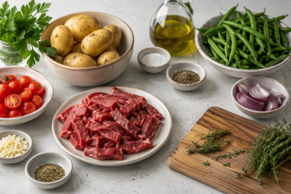 Übersicht aller Zutaten für „Rindfleisch-Bowl mit Kartoffeln und grünen Bohnen“ auf heller Arbeitsfläche, sauber gruppiert, ohne Verpackungsschrift und ohne fertiges Gericht.