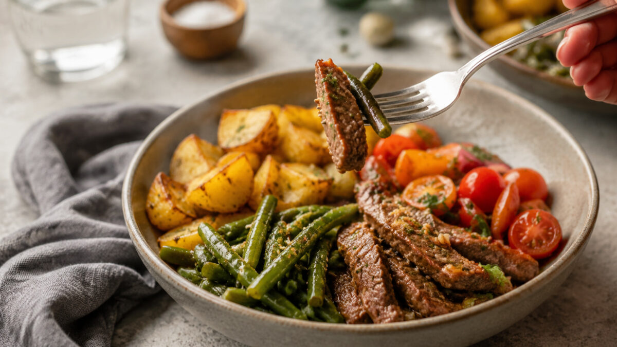 Lebendige Servierszene für „Rindfleisch-Bowl mit Kartoffeln und grünen Bohnen“: eine Gabel oder ein Besteckteil nimmt gerade eine Portion auf; Rinderstreifen, Kartoffeln und grüne Bohnen und Tomaten bleiben trotzdem klar erkennbar.