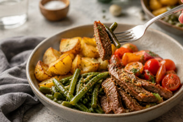 Lebendige Servierszene für „Rindfleisch-Bowl mit Kartoffeln und grünen Bohnen“: eine Gabel oder ein Besteckteil nimmt gerade eine Portion auf; Rinderstreifen, Kartoffeln und grüne Bohnen und Tomaten bleiben trotzdem klar erkennbar.