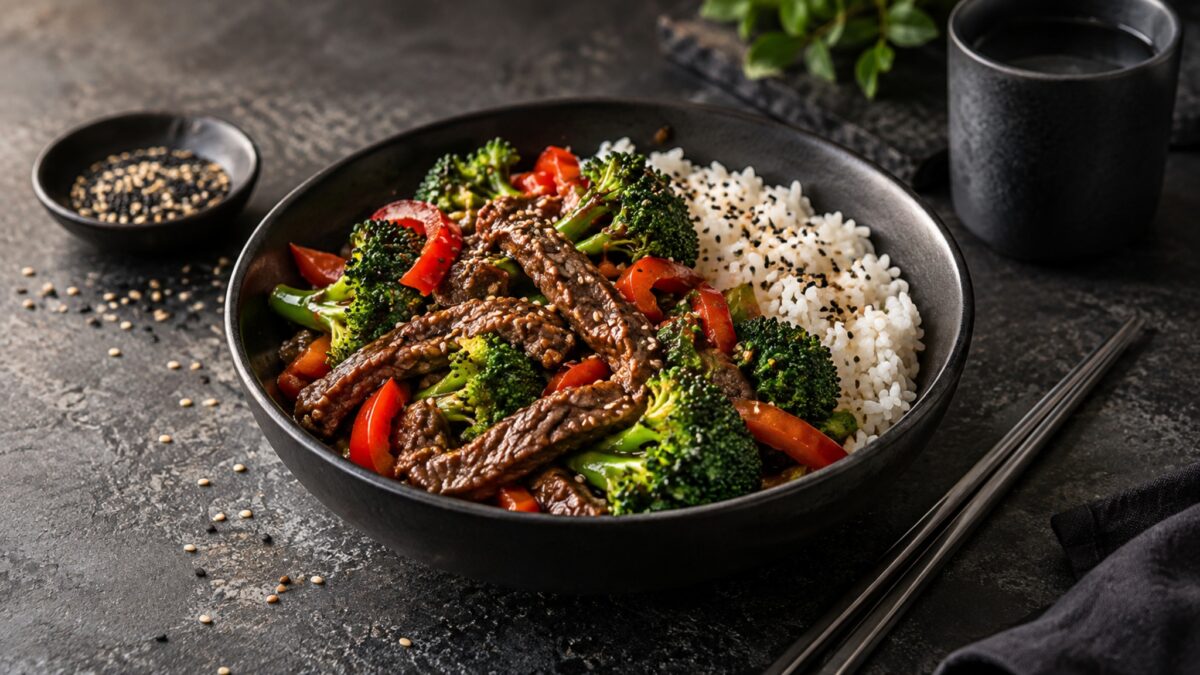 Rindfleisch-Brokkoli-Bowl mit Sesamreis