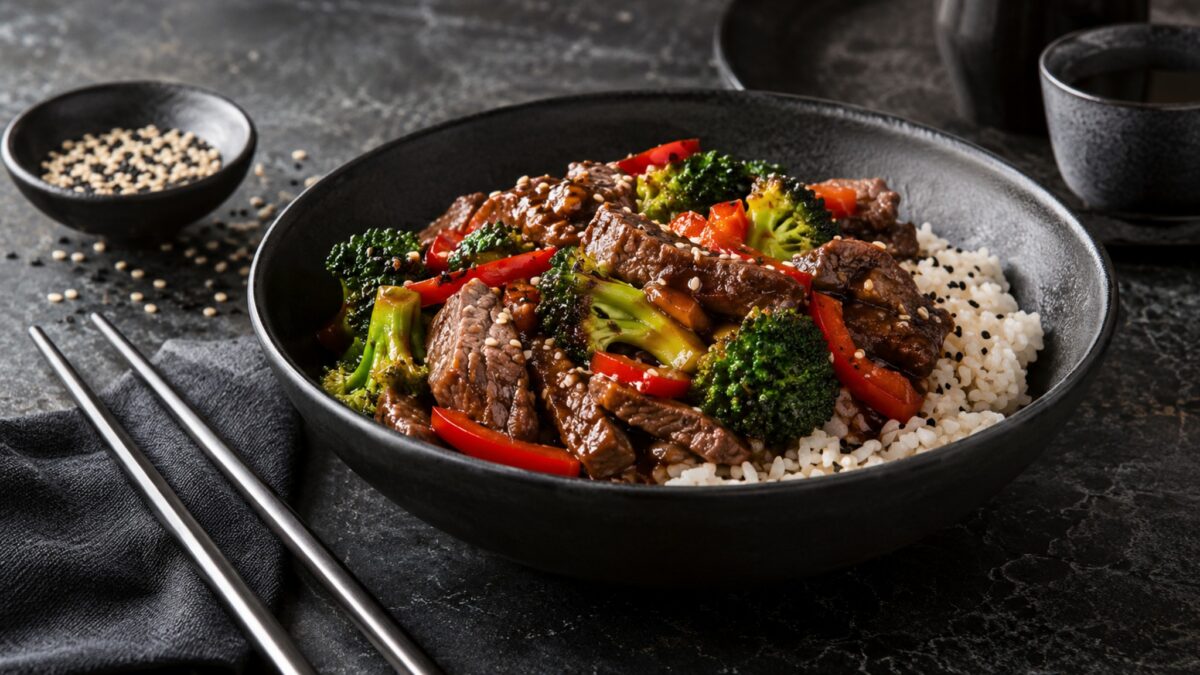 Rindfleisch-Brokkoli-Bowl mit Sesamreis