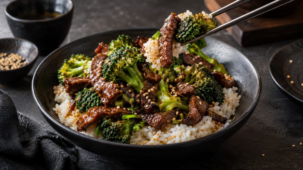 Rindfleisch-Brokkoli-Bowl mit Sesamreis
