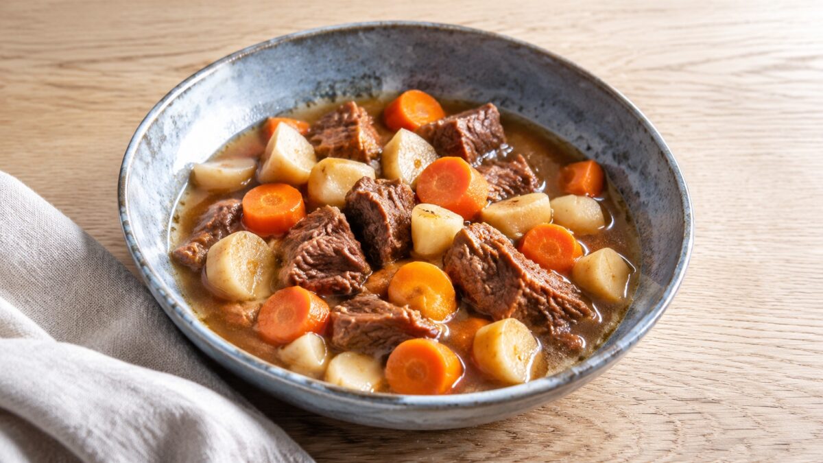 Hauptansicht des fertigen Gerichts. Rezept: Rindfleisch-Gemüse-Eintopf mit Wurzelgemüse