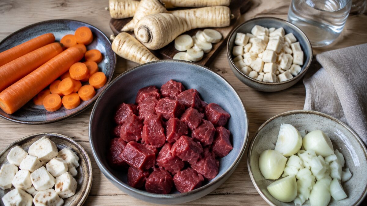 Zutaten- und Vorbereitungsansicht. Rezept: Rindfleisch-Gemüse-Eintopf mit Wurzelgemüse