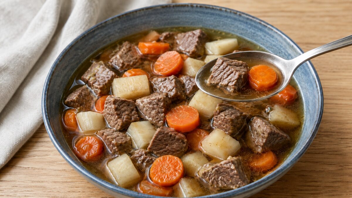 Servierszene mit dem fertigen Gericht. Rezept: Rindfleisch-Gemüse-Eintopf mit Wurzelgemüse