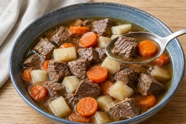 Servierszene mit dem fertigen Gericht. Rezept: Rindfleisch-Gemüse-Eintopf mit Wurzelgemüse