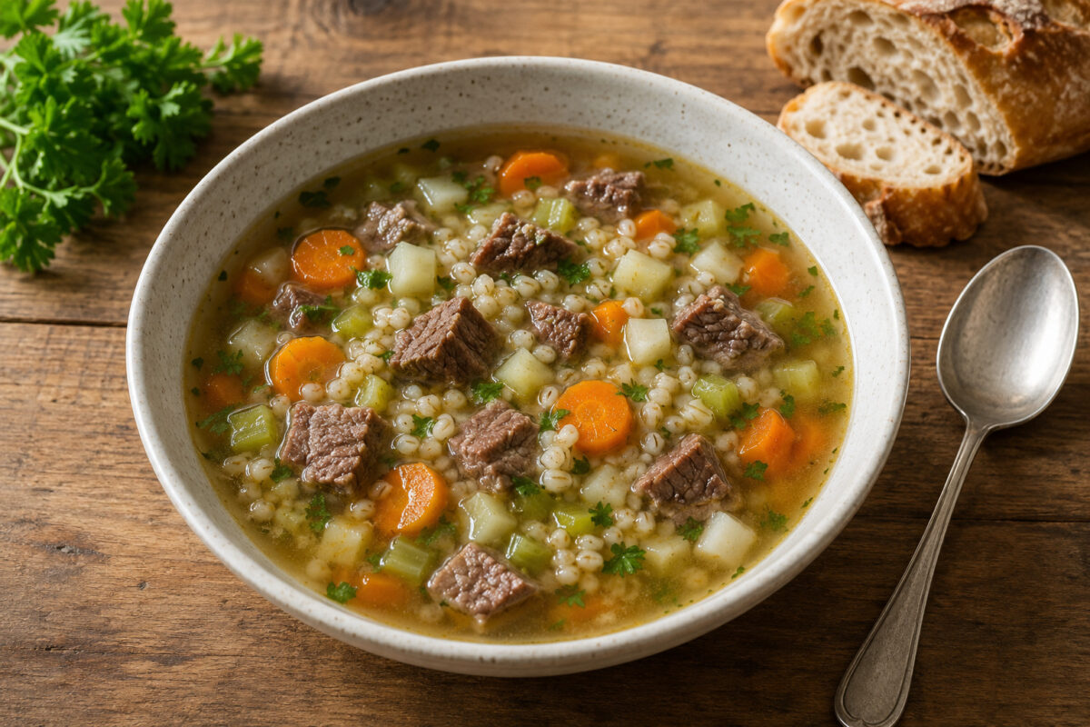 Rindfleisch-Gemüsesuppe mit Graupen in heller gesprenkelter Keramikschüssel; sichtbare Rindfleischwürfel, Graupen, Karotten, Sellerie, Petersilienwurzel und Petersilie; warme rustikale Holzszene mit Löffel und Brot.