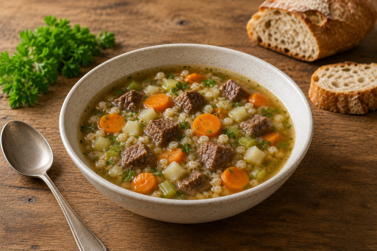 Fertige Rindfleisch-Gemüsesuppe mit Graupen aus deutlich anderer Perspektive als Bild 1; gleiche Schüssel-, Licht- und Materialwelt, mit Brot, Löffel und Petersilie.