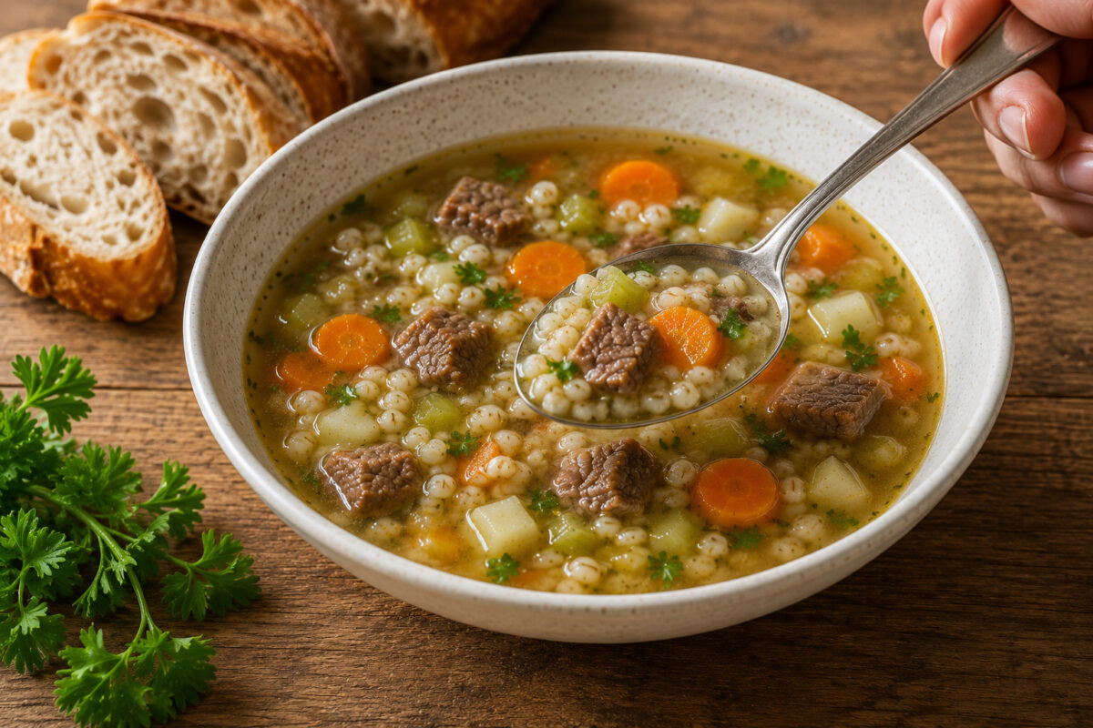Servierdetail der fertigen Suppe mit angehobenem Löffel; Rindfleisch, Graupen, Karotte und Sellerie deutlich sichtbar; gleiche warme, rustikale Serienwelt.