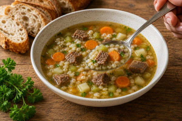 Servierdetail der fertigen Suppe mit angehobenem Löffel; Rindfleisch, Graupen, Karotte und Sellerie deutlich sichtbar; gleiche warme, rustikale Serienwelt.