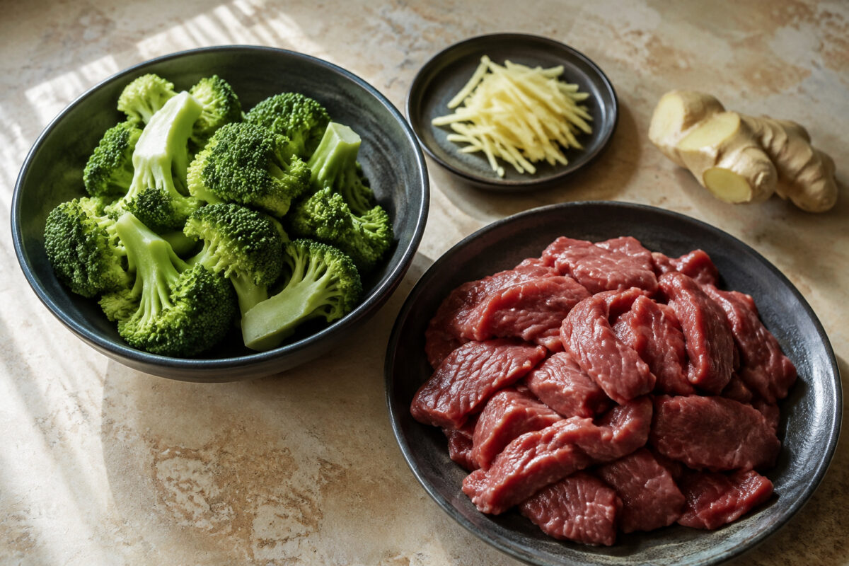 Zutaten- und Vorbereitungsansicht. Rezept: Rindfleisch mit Brokkoli und Ingwer