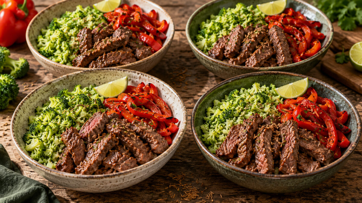 Rindfleisch-Paprika-Bowl mit Brokkolireis